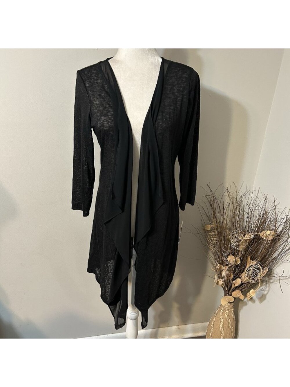 NWT Nygard Open Front Cardigan Duster Black 3/4 Sleeve Draped Hem Sheer Women M